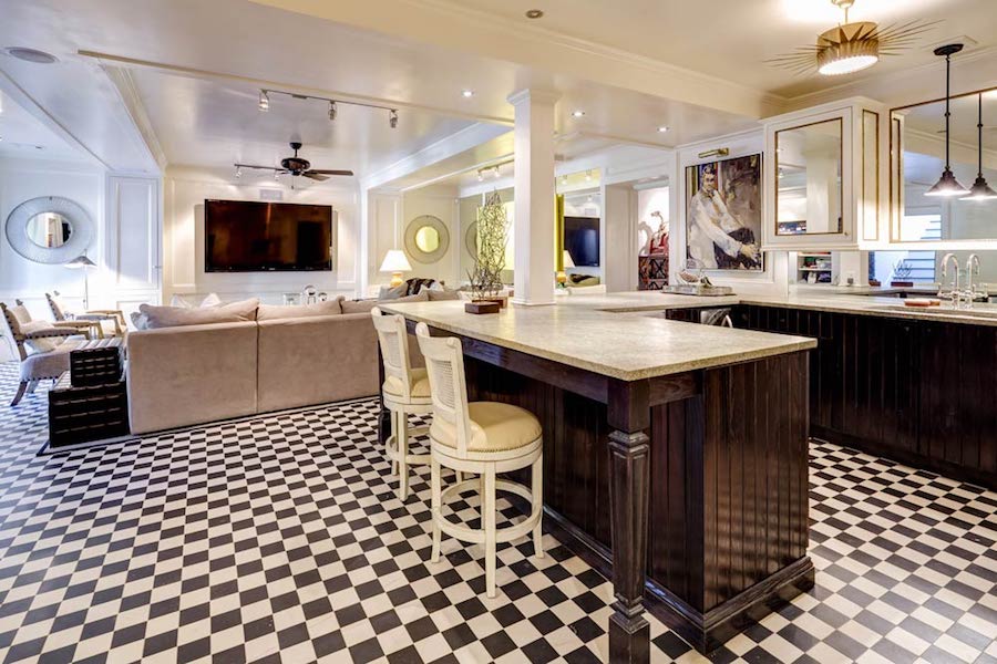 virginia tidewater converted billiard, kitchenette, and theater space with original porcelain floor