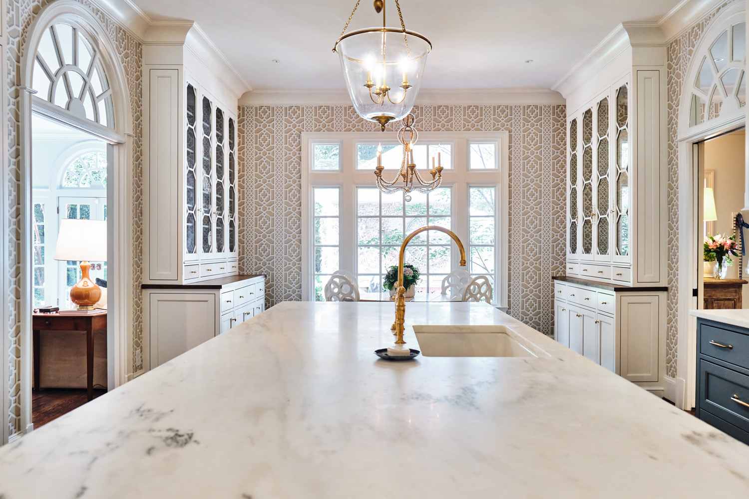 marble kitchen island looking towards the breakfast room