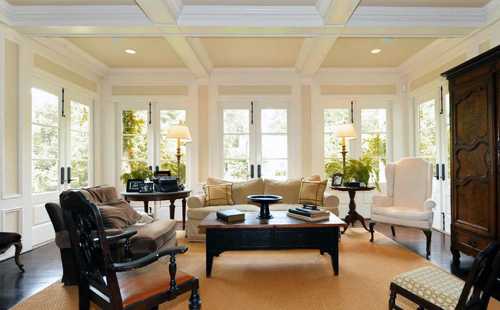 brookhaven jeffersonian newly renovated living room expanding out to front of house with floor to ceiling windows